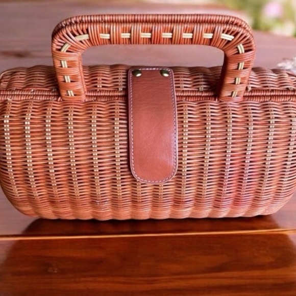 MAXX NEW YORK CORAL-ORANGE RATTAN SATCHEL WITH LEATHER TRIM - Picture 6 of 10